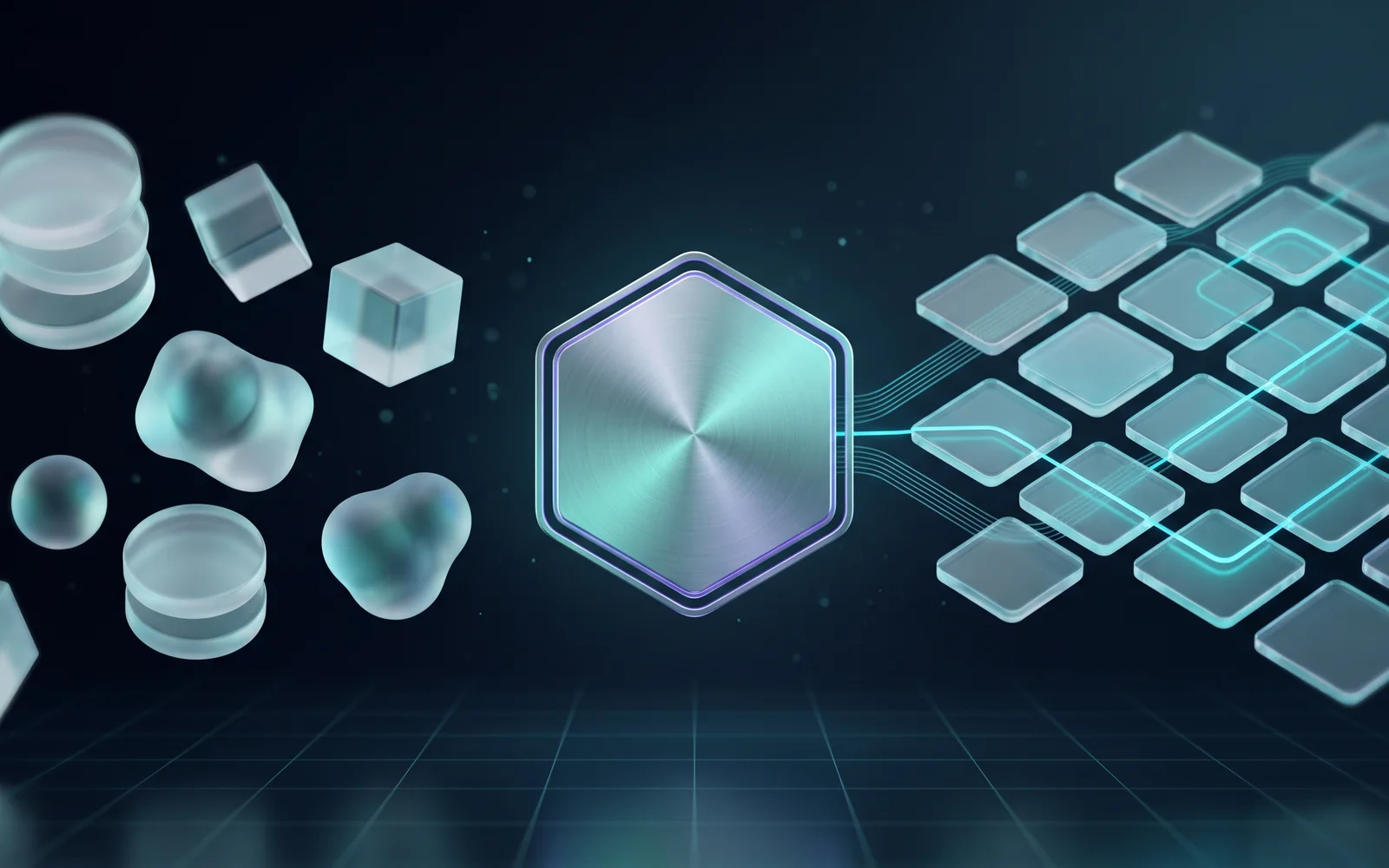 Scattered data forms passing through a bright lens and resolving into one ordered, glowing lattice