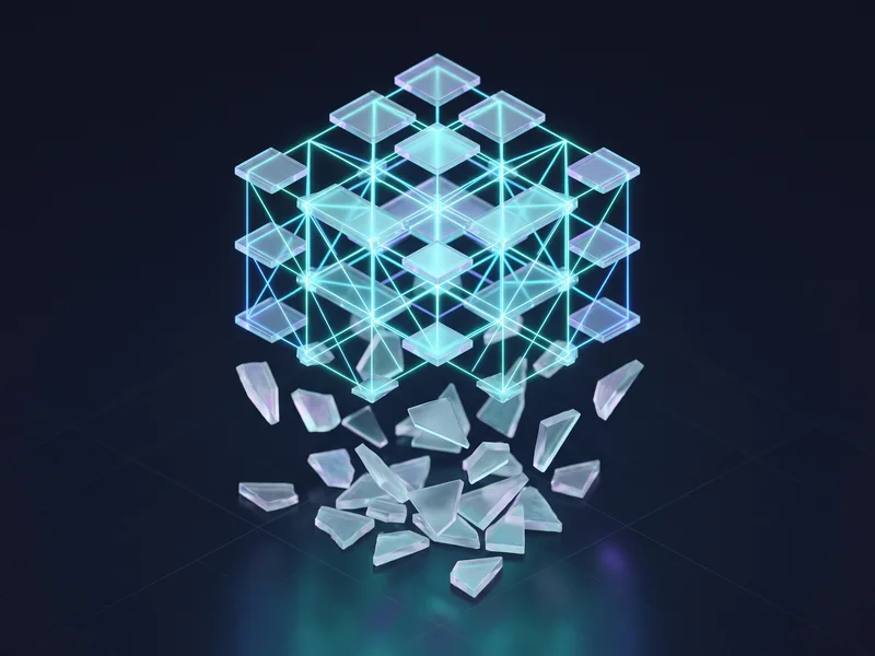 Loose glass shards rising and locking into an ordered translucent lattice joined by glowing lines