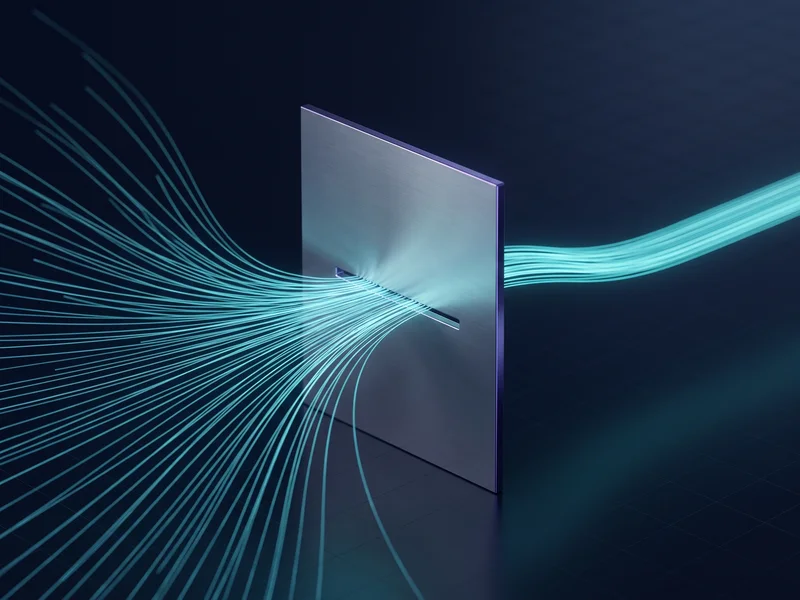 Many glowing fibres converging through one narrow slot in a single upright panel