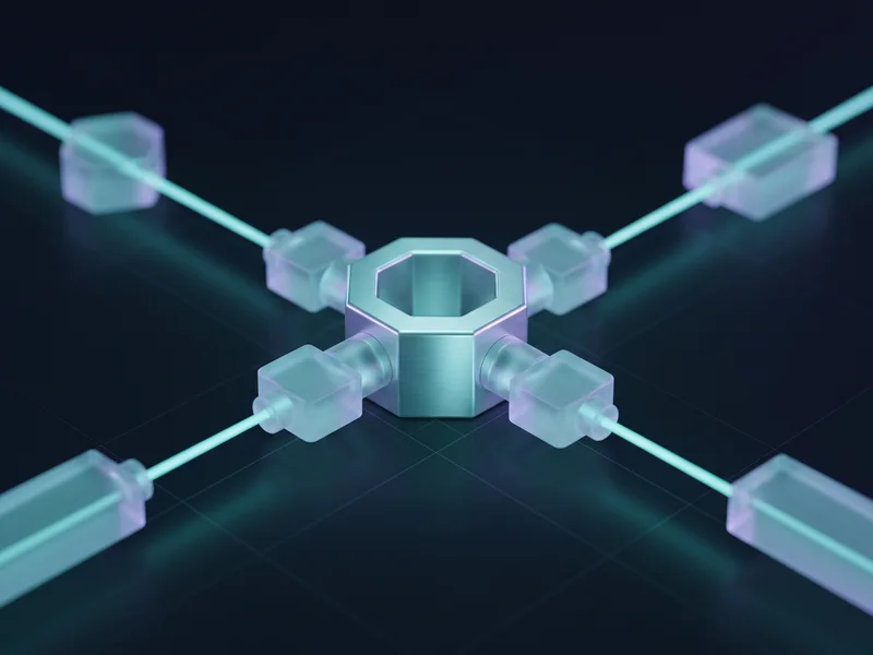 Identical glass connectors docking into one central luminous hexagonal socket