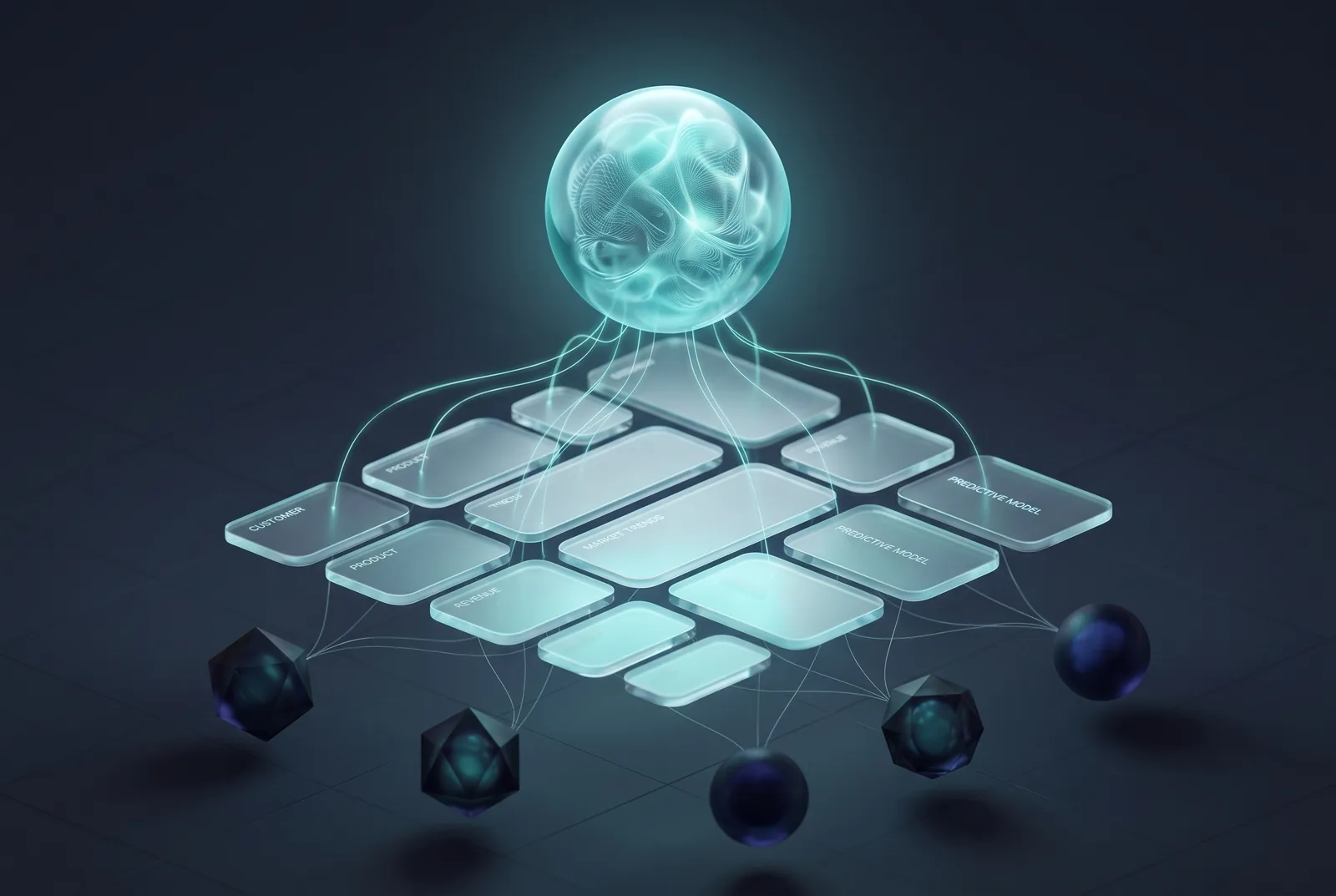 A conceptual illustration of an AI agent reasoning over a structured semantic layer above many data sources