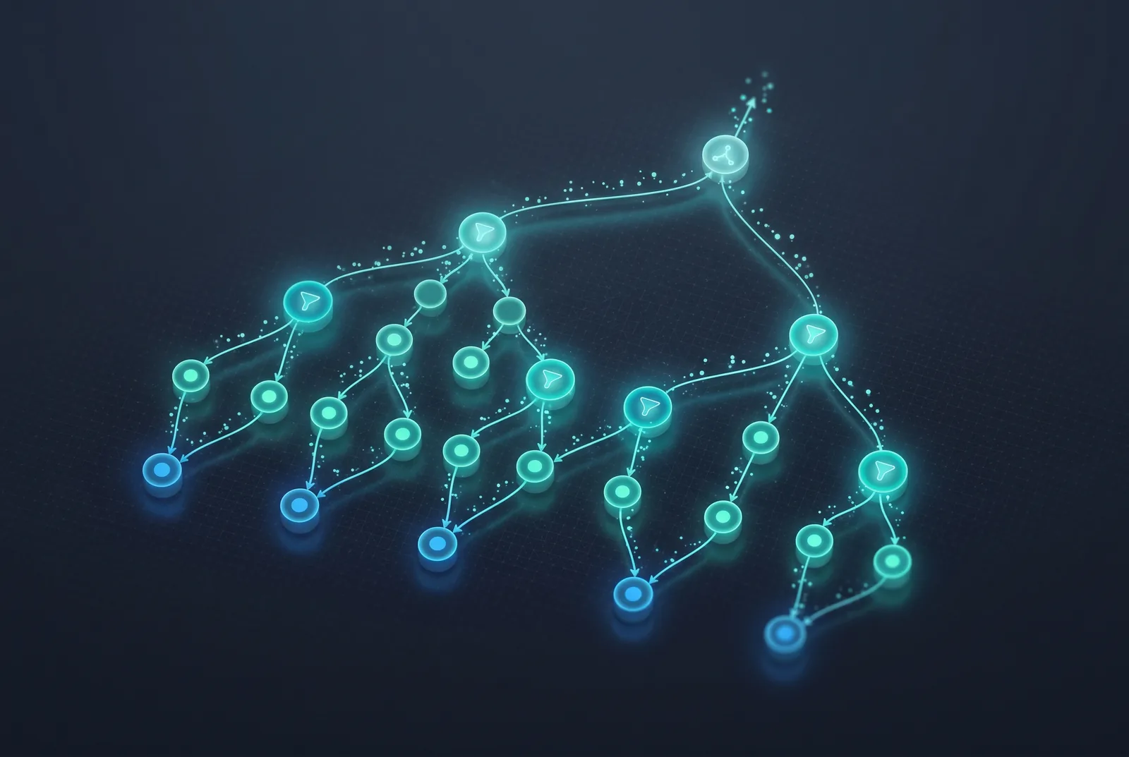 An abstract visualization of a federated query plan pushing work down to multiple data sources and merging the results