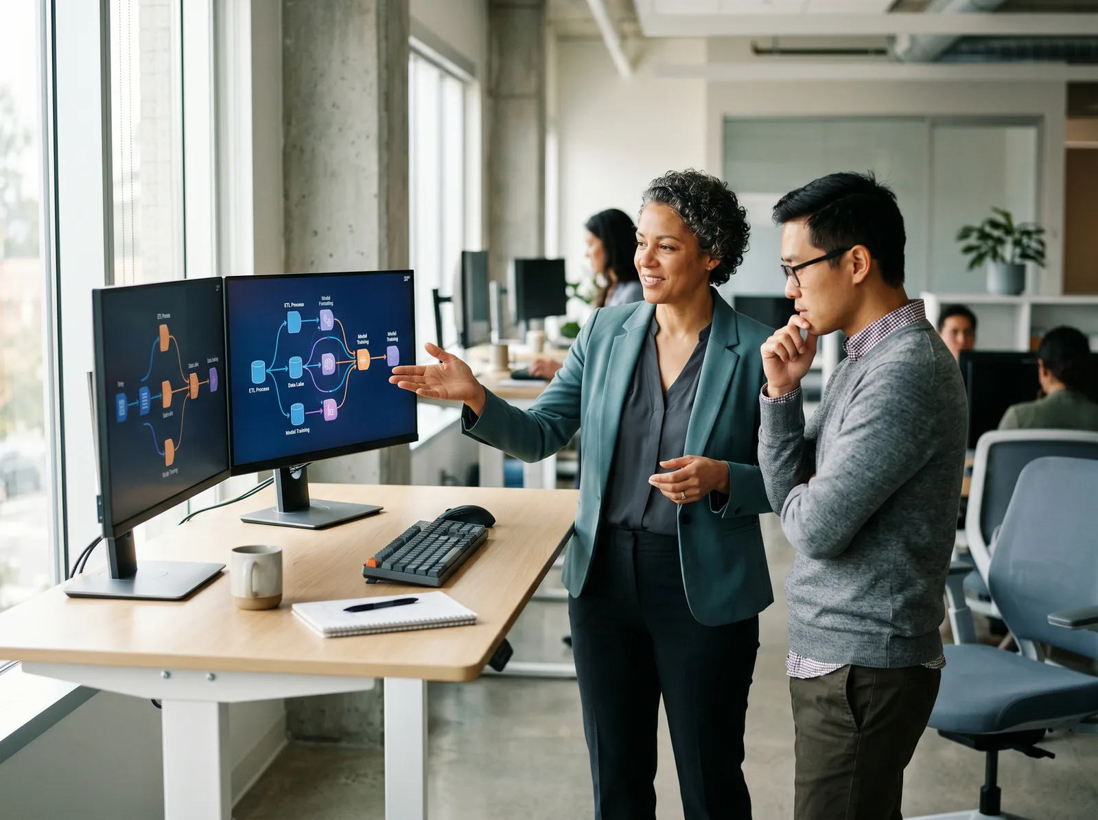 A senior engineer guiding a data engineer through a federation deployment at a standing desk in a modern office