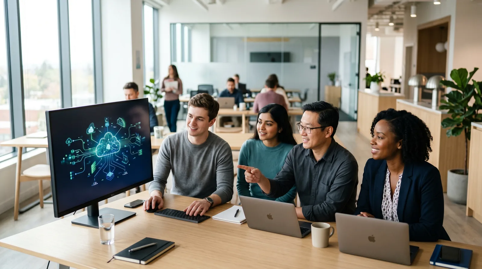 A team of data consultants and platform specialists collaborating around a monitor while helping a client adopt a data federation platform
