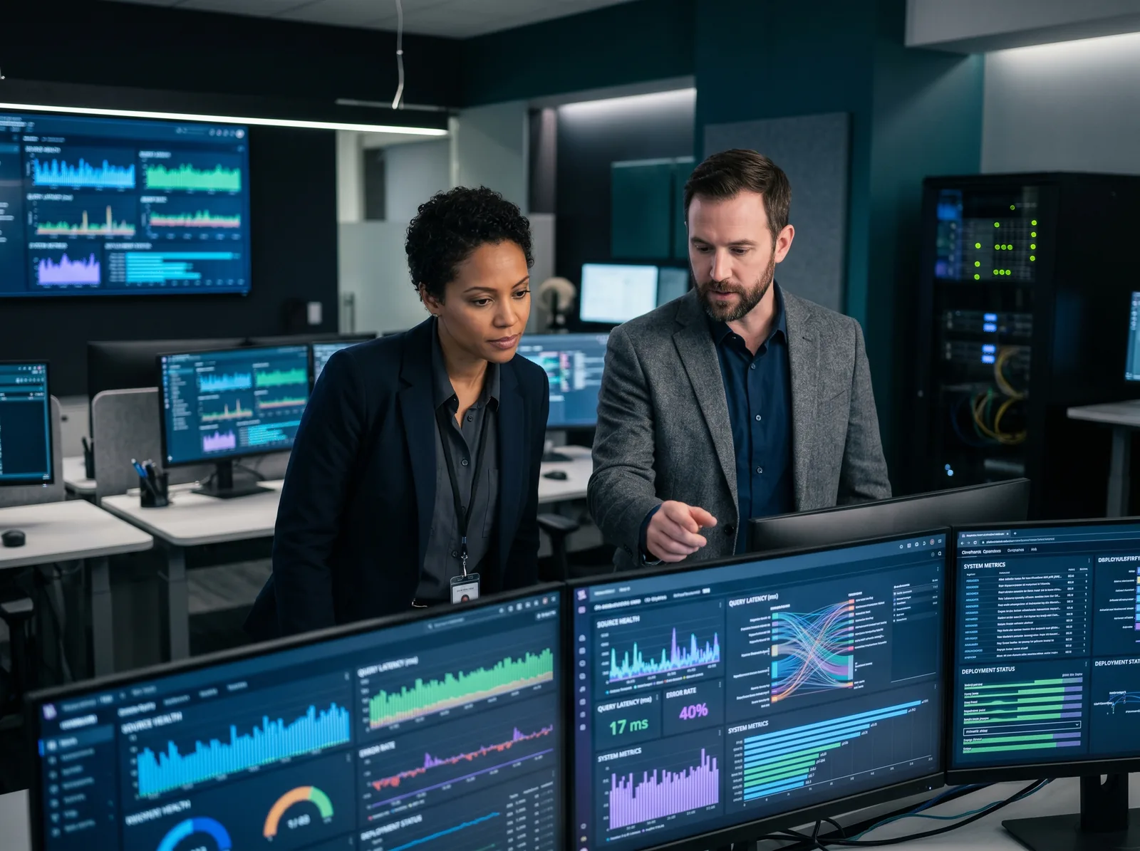 Two platform engineers reviewing query observability dashboards on multiple monitors in a calm operations room