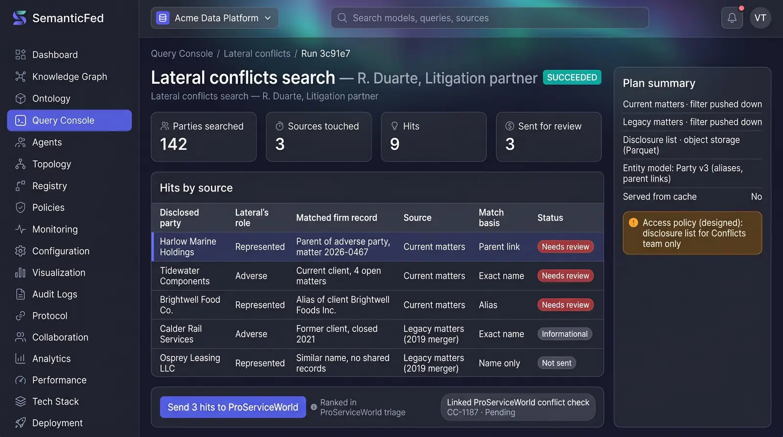 Concept illustration of a lateral conflicts search run with hits by source, match basis labels, a plan summary and a hand-off action