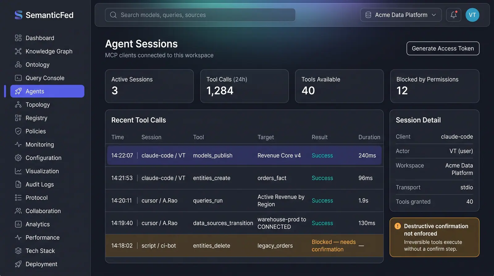 Concept illustration of an agent sessions page with summary counts, a recent tool calls log including a blocked call, and a session detail panel