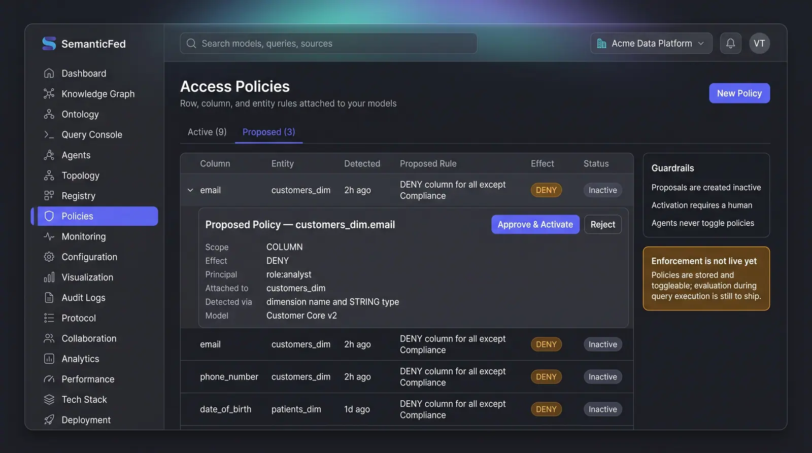 Concept illustration of an access policies page with active and proposed tabs, a table of proposed deny rules and an expanded proposal detail